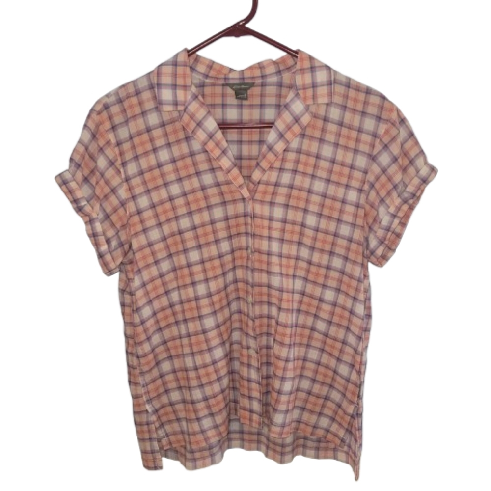 Eddie Bauer short sleeved plaid button down shirt